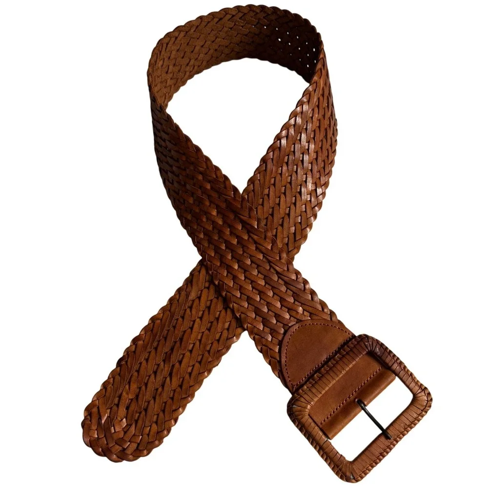 Vintage Abercrombie and Fitch Cognac Brown Leather Wide Woven Braided Belt XS S